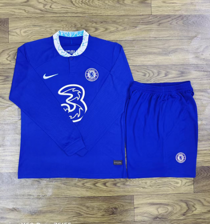 Chelsea FC Heimtrikot 2022 mit Aufdruck Drogba 11 blau Langarm + Kurze Hosen