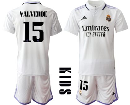 Günstige Fussballtrikot Kinder Heimtrikot Real Madrid Home Trikot weiß lila 2022/23 VALVERDE #15