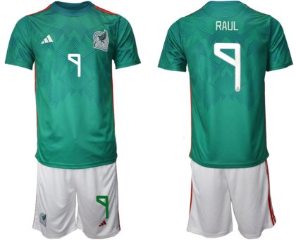 Mexiko Trikots 2022 Heimtrikot Trikotsatz Grün Kurzarm + Weiß Kurze Hosen RAUL #9