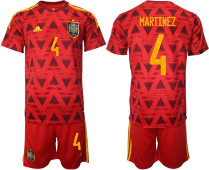 Spanien Heimtrikot WM 2022 Rot Trikotsatz Kurzarm + Kurze Hosen mit Aufdruck MARTINEZ 4