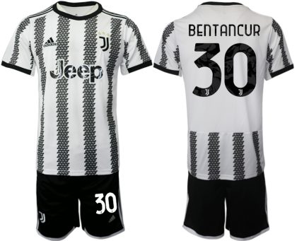 Fussballtrikots Günstig Juventus 2022-23 Heimtrikot Schwarz Weiß Kurzarm + Kurze Hosen BENTANCUR 30