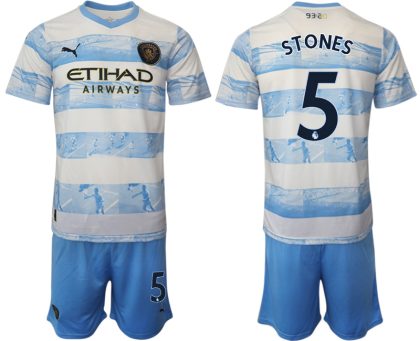 Manchester City Aufwärmtrikot 2022/2023 weiß blau Trikotsatz mit Aufdruck STONES 5