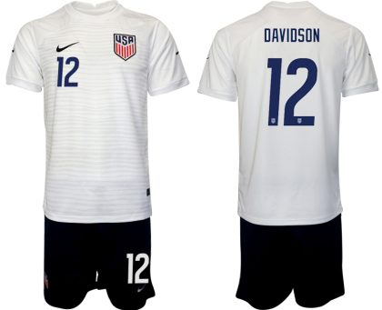 Herren USA Heimtrikot WM 2022 Weiß Schwarz Fußballtrikots Set mit Aufdruck DAVIDSON 12