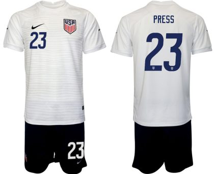 Herren USA Heimtrikot WM 2022 Weiß Schwarz Trikotsatz Kurzarm + Kurze Hosen PRESS 23