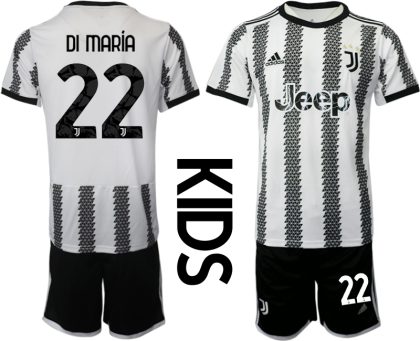 Kinder Juventus FC 2022-23 Heimtrikot Schwarz Weiß Kurzarm + Kurze Hosen DI MARÍA 22