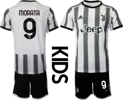 Kinder Juventus FC 2022-23 Heimtrikot Schwarz Weiß Kurzarm + Kurze Hosen MORATA 9