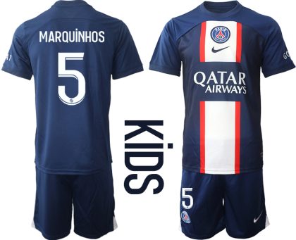 Kinder Paris Saint Germain PSG Heimtrikots 2022-2023 Blau Kurzarm + Kurze Hosen MARQUiNHOS 5