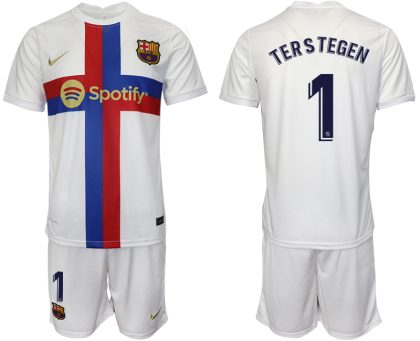 Herren FC Barcelona 2022/23 Ausweichtrikot weiß Trikotsatz Kurzarm + Kurze Hosen TERS TEGEN 1