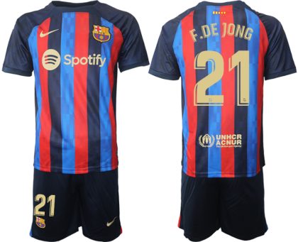 Herren FC Barcelona 22/23 Heimtrikot dunkelblau Kurzarm + Kurze Hosen F.DE JONG 21