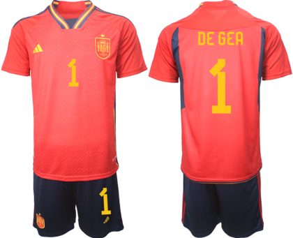 Herren Spanien WM 2022 Heimtrikot Teampower Rot Kurzarm + Kurze Hosen DE GEA 1