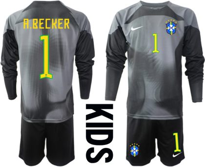 A.BECKER #1 Kindertrikot Brasilien 2022/23 Torwarttrikot Schwarz Langarm + Kurze Hosen