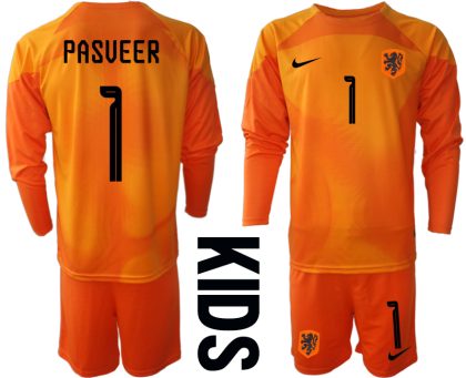 Kinder Niederlande Torwarttrikot 2022-23 Trikotsatz orange Langarm mit Aufdruck PASVEER 1