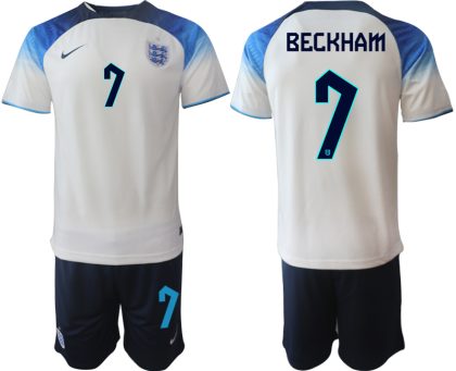 BECKHAM #7 Herren England Fußball-WM 2022 Heimtrikot weiß blau Kurzarm + Kurze Hosen