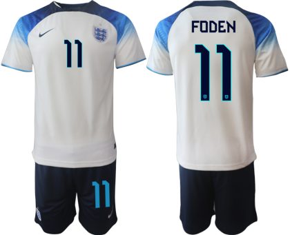 FODEN #11 Herren England Fußball-WM 2022 Heimtrikot weiß blau Kurzarm + Kurze Hosen