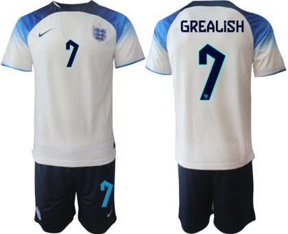 GREALISH #7 Herren England Fußball-WM 2022 Heimtrikot weiß blau Kurzarm + Kurze Hosen