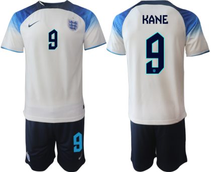 KANE #9 Herren England Fußball-WM 2022 Heimtrikot weiß blau Kurzarm + Kurze Hosen