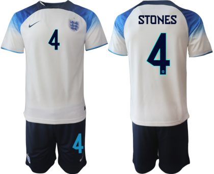 STONES #4 Herren England Fußball-WM 2022 Heimtrikot weiß blau Kurzarm + Kurze Hosen