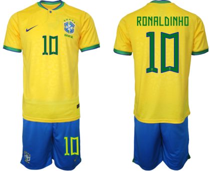 Neuen Herren Brasilien WM 2022 Trikot gelb Kurzarm + Kurze Hosen RONALDINHO 10