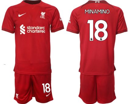 Personalisierte Fußballtrikots Liverpool 22-23 Heimtrikot Kurzarm + Kurze Hosen MINAMINO 18