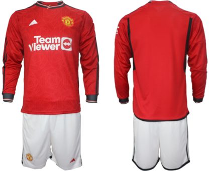 Herren Manchester United 2023-2024 Trikot rot Langarm + weiß Kurze Hosen