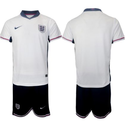 Personalisierbar England EURO 2024 Heimtrikot weiß Kurzarm + schwarz Kurze Hosen